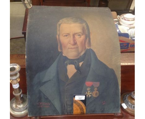 An unframed 19th century portrait of a man wearing medals, titled 'Jn. Bte. Colliere, 1787-1861', signed A.H 1885
