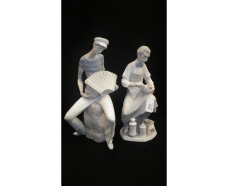 A Lladro matte figure of a man playing an accordion and a similar figure of an apothecary 