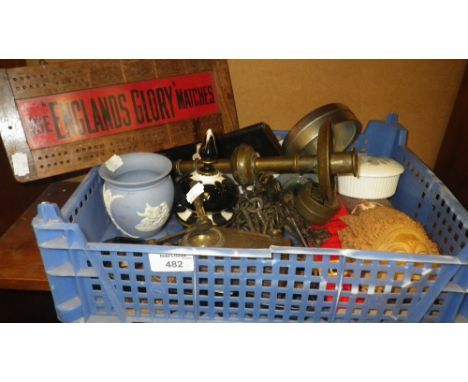 A small quantity of sundry items including a candlestick and an advertising cribbage board