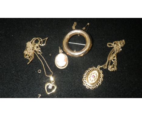 A ruby set 9ct gold pendant and chain, a cameo pendant and other gold coloured jewellery (a lot)