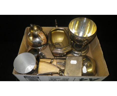 An engine turned silver cigarette case, and a collection of other silver and metal wares, including a Guernsey type jug 