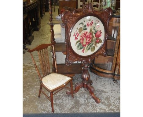 A Victorian rosewood fire screen on carved tripod support with  central needlework panel and an Edwardian occasional chair