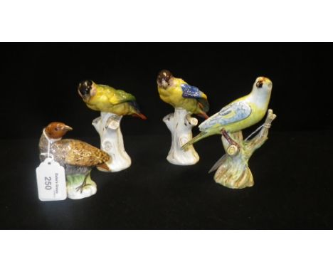 Four ceramic bird ornaments, two marked 'Dresden'