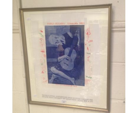 A framed poster: 'The Blue Guitar, Twenty Etchings by David Hockney, Gallery One, San Jose State University Art Department'