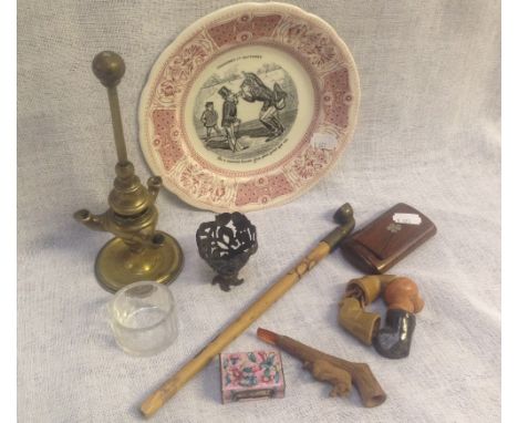 A small collection of sundry items including a brass oil lamp