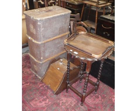 An oak barley-twist occasional table, a folding cake stand, a coal scuttle, a tea tray and a vintage cabin trunk