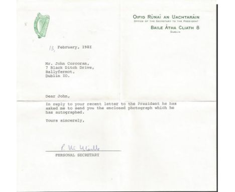 Patrick John Hillery signed 7 x 5 b/w portrait photo with original mailing envelope and typed letter from his office. He was 