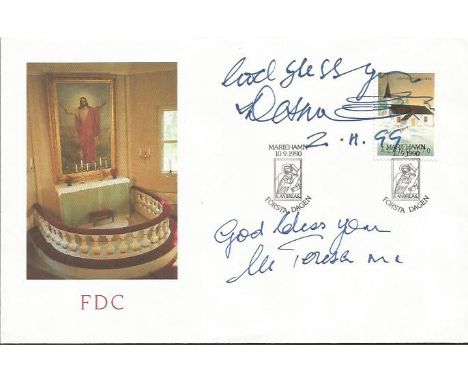 Mother Teresa and Desmond Tutu signed cover. Religious first day cover signed on the front in blue ink by the late great Moth