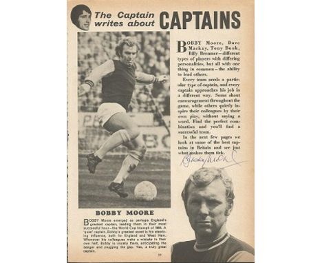 Bobby Moore signed vintage football magazine biography page   Good condition.   All signed items come with a Certificate of A