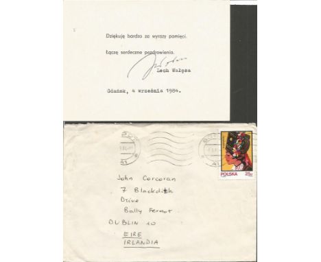 Lech Walesa signed compliment card dated 1984. Comes with Typed letter from his office. Polish politician, trade union organi