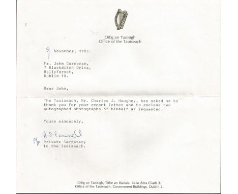 Charles J Haughey 1982 Irish Taoisigh signed 6 x 4 b/w portrait photo. Comes with Typed letter from his office. Haughey was T
