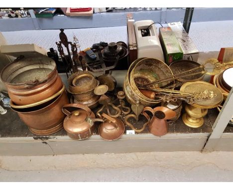 Collection of brass &amp; copperware including coal buckets, scales, fireside tools &amp; kettles