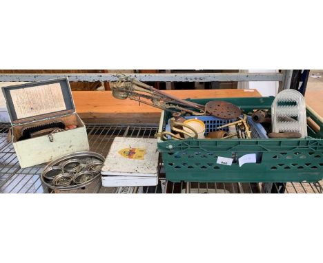 Metal fireside tools, shoe polish kit etc