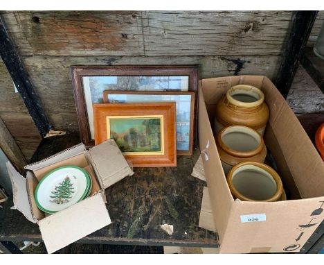 Earthenware jars, framed pictures/prints, 4 Spode Christmas plates