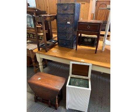 Collection of items to include oak stick stand, Stag Minstrel bedside cabinet, laundry basket etc