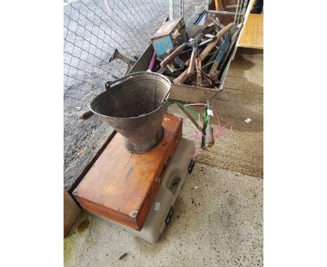 Wrought iron frame galvanized wheelbarrow to include tools etc
