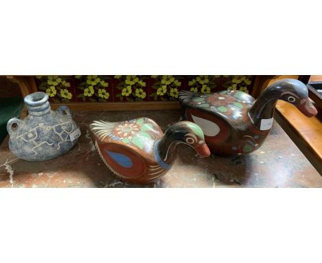 2 decorative ceramic birds made by Guadalajara of Mexico + 1 other Mexican vase 