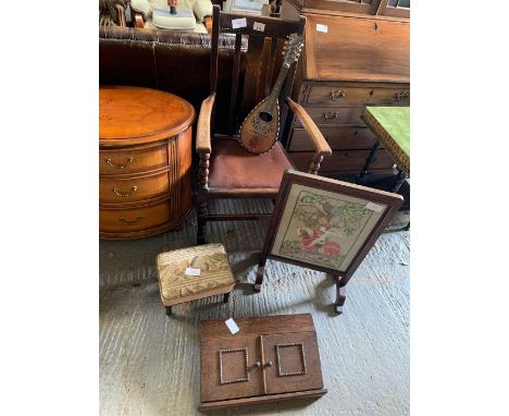 Oak armchair, oak framed tapestry fire screen, musical instrument &amp; other items
