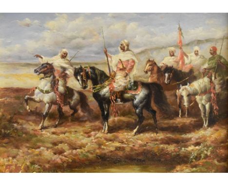 MONOGRAMMED A K oil on board - modern reproduction of Arabian figures on horses, initialled, 19 x 24cms