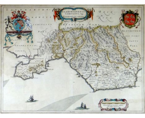 JOAN BLAEU coloured & tinted antiquarian map - of Glamorganshire with coat of arms, crest & scale, entitled cartouche 'Glamor