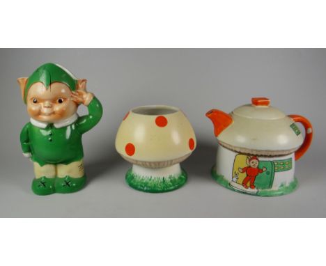 A 1930s SHELLEY MABEL LUCIE ATTWELL NURSERY 'BOO BOO' TEA SET comprising cottage teapot, mushroom sugar basin & elf cream jug