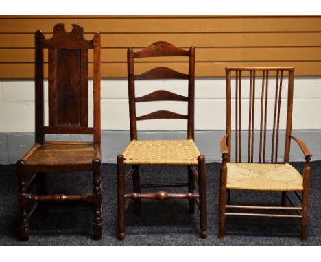 THREE VINTAGE / ANTIQUE CHAIRS including two with rush seats and one in all wood