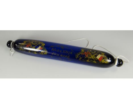 A NINETEENTH CENTURY BRISTOL BLUE GLASS SAILOR'S ROLLING PIN painted with flanking crests featuring the Union Jack & French f