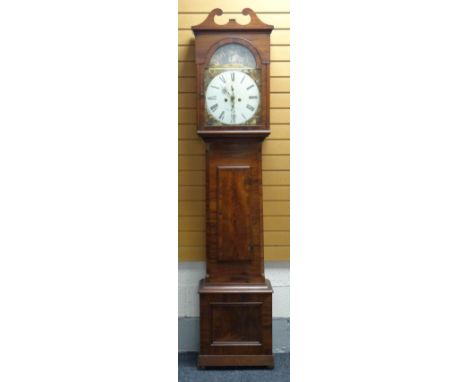 A NINETEENTH CENTURY MAHOGANY PAINTED DIAL EIGHT DAY LONGCASE CLOCK unusually the trunk slightly tapering & again unusually t