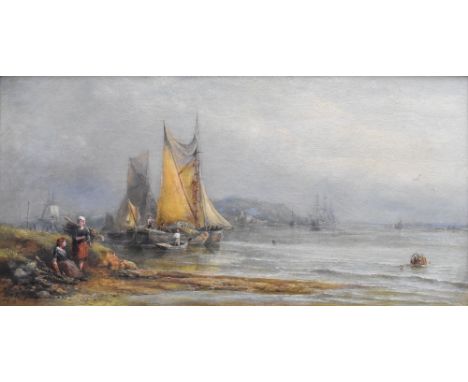 JOHN REES oil on canvas - fishing boats, figures & larger sailing ship on an estuary, entitled verso 'Near Purfleet on the Th