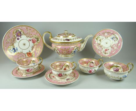 A NINETEENTH CENTURY FLORAL PAINTED PART TEA-SET decorated with floral studies within gilded borders to a pink reserveIn tota