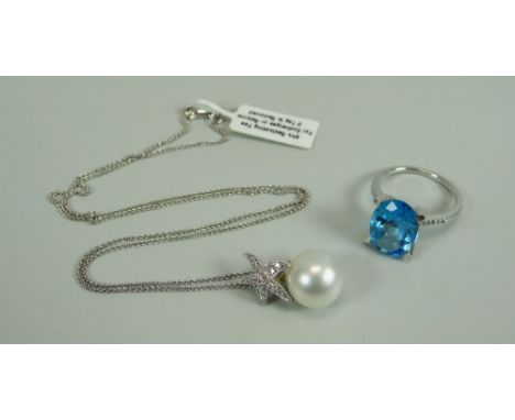 A PEARL & DIAMOND PENDANT & CHRISTOPHER JAMES BLUE STONE RING