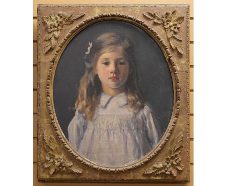 REGINALD GRANGE BRUNDRIT oil on canvas - oval three quarter portrait of a young girl in night dress with hair down, signed &a