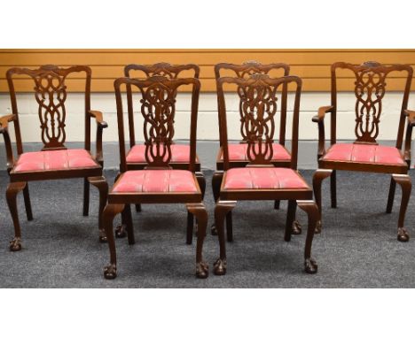 MAHOGANY DINING CHAIRS chippendale style, 4 + 2 carvers, red upholstered drop-in seats, ball and claw feet