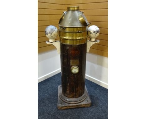 A GOOD ANTIQUE KELVIN BOTTOMLEY & BAIRD LTD SHIP'S BINNACLE in brass and teak, 147cms high  (Provenance: Penarth Lifeboat Sta
