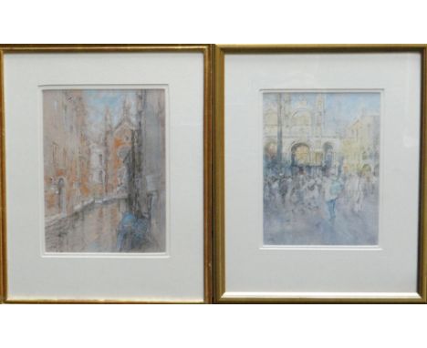 DIANA ARMFIELD RA pastel and mixed media, a pair entitled verso 'Feeding the Pigeons, Piazza San Marco' and 'Madonna Dell'Ort