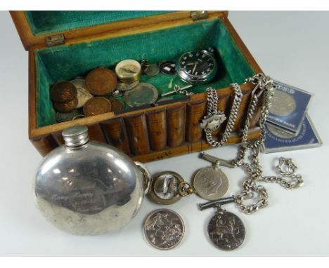 A NOVELTY 'SOUVENIR' MARQUETRY BOX & CONTENTS including silver watch-chains, coinage, nautical hip flask, three campaign meda