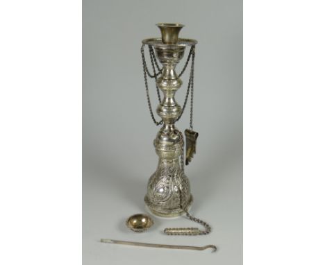 AN EGYPTIAN SILVER SHISHA HOOKAH with ladle and attachements and having a floral engraved body, 12.3ozs