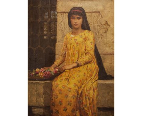 WALTER CHARLES HORSLEY (1855-1921) oil on canvas - full portrait of a young Middle Eastern girl in a yellow floral gown seate