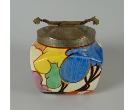 A CLARICE CLIFF 'AUTUMN' PATTERN SUGAR BASIN from the 'Bizarre' series, decorated with cottage & trees, having an EPNS lid, i