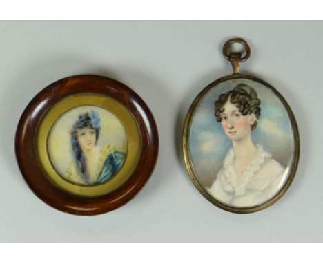 PORTRAIT MINIATURISTS two portrait miniature, one in oval format with double sided portrait of an elegant lady with hair up &