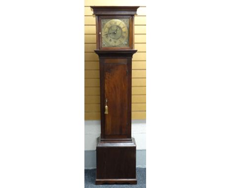 AN EIGHTEENTH CENTURY WELSH ELM ENCASED LONGCASE CLOCK by Charles Vaughan of Pontypool, having a brass dial with Roman chapte