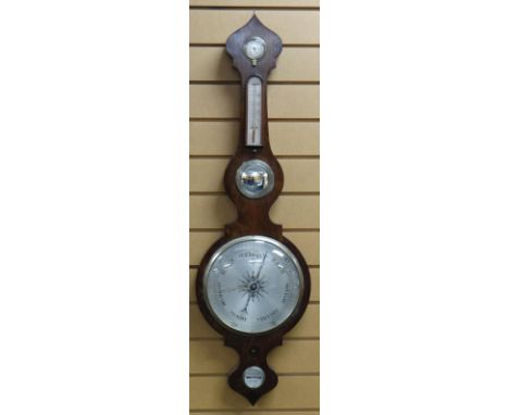 A NINETEENTH CENTURY ROSEWOOD WHEEL BAROMETER having three silvered dials, circular convex mirror, maker's mark for Hancock o
