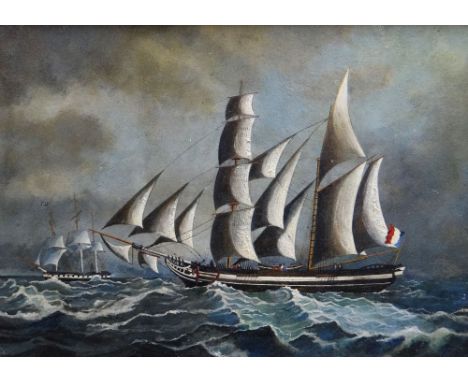 NAIVE NINETEENTH CENTURY FRENCH MARITIME SCHOOL oil on panel - portrait of a two masted vessel with figures &amp; tricolour f