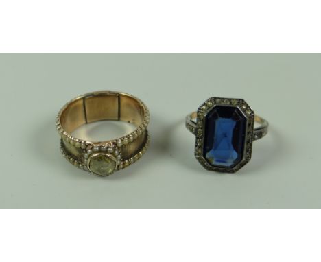 A NINETEENTH CENTURY UNMARKED BELIEVED GOLD DIAMOND &amp; PEARL BAND RING together with a blue dress ring