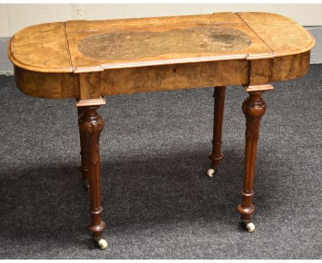 A VICTORIAN BURR WALNUT & MARQUETRY WRITING DESK having a hinging tooled leather top flanked by hinging stationery compartmen