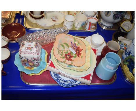 TRAY OF PLATES, MASON’S FRUIT BASKET, DECANTER ETC