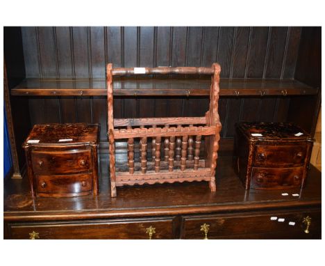 RUSTIC PINE MAGAZINE RACK TOGETHER WITH PAIR OF MAHOGANY TWO DRAWER TABLE TOP CHESTS WITH BUTTON HANDLES (3)