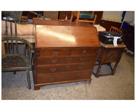 GEORGIAN MAHOGANY DROP FRONTED BUREAU WITH TWO OVER THREE FULL WIDTH DRAWERS RAISED ON BRACKET FEET