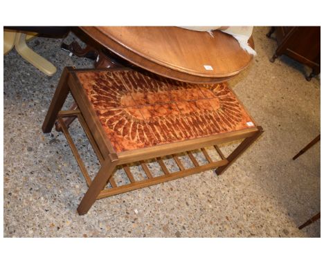 RETRO TEAK FRAMED 8-TILE TOP TABLE WITH SLATTED SECOND SHELF