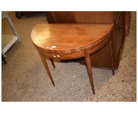 GEORGIAN MAHOGANY AND SATINWOOD INLAID DEMI-LUNE FOLD OVER CARD TABLE WITH GREEN BAIZE INTERIOR ON TAPERING SQUARE LEGS